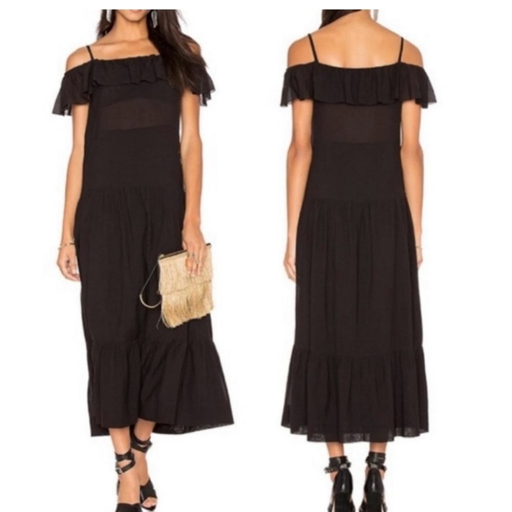 IRO Black Maxi Dress Ruffle Trim Size 38 French or US Size 6 Tiered Off Shoulder